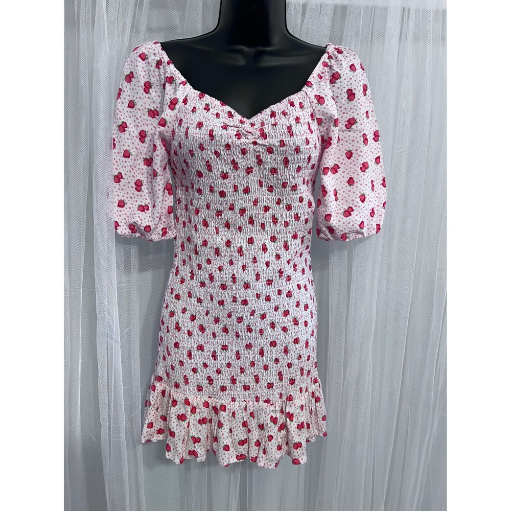 Y2K Jessica Simpson Strawberry Polka Dot Smocked Puff Sleeve Mini Dress XS